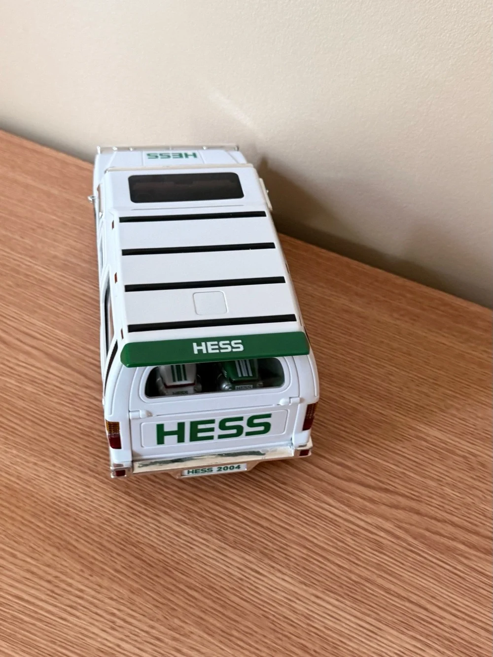 Hess 2004  White & Green Toy Gasoline Carrier with Ramp and Two Motorcycles